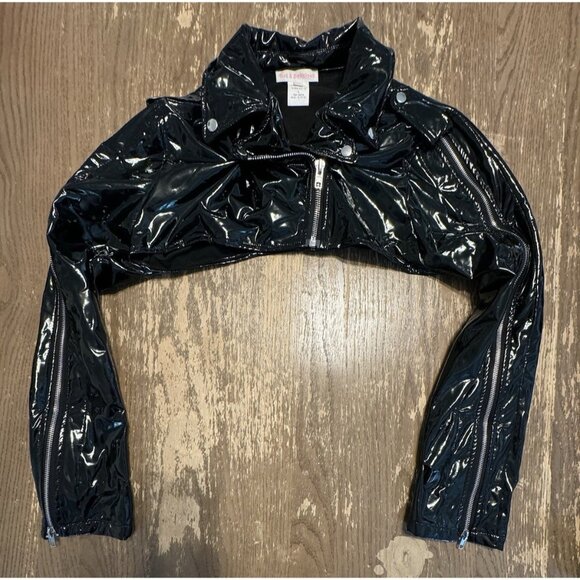 Hot & Delicious Zip Large Black Polyurethane Crop Biker Moto Jacket Wet Look - Picture 4 of 12